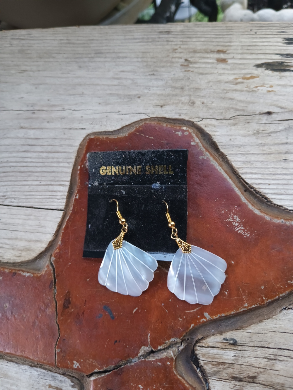 Genuine Shell White Fan Drop Earrings with Gold Accents